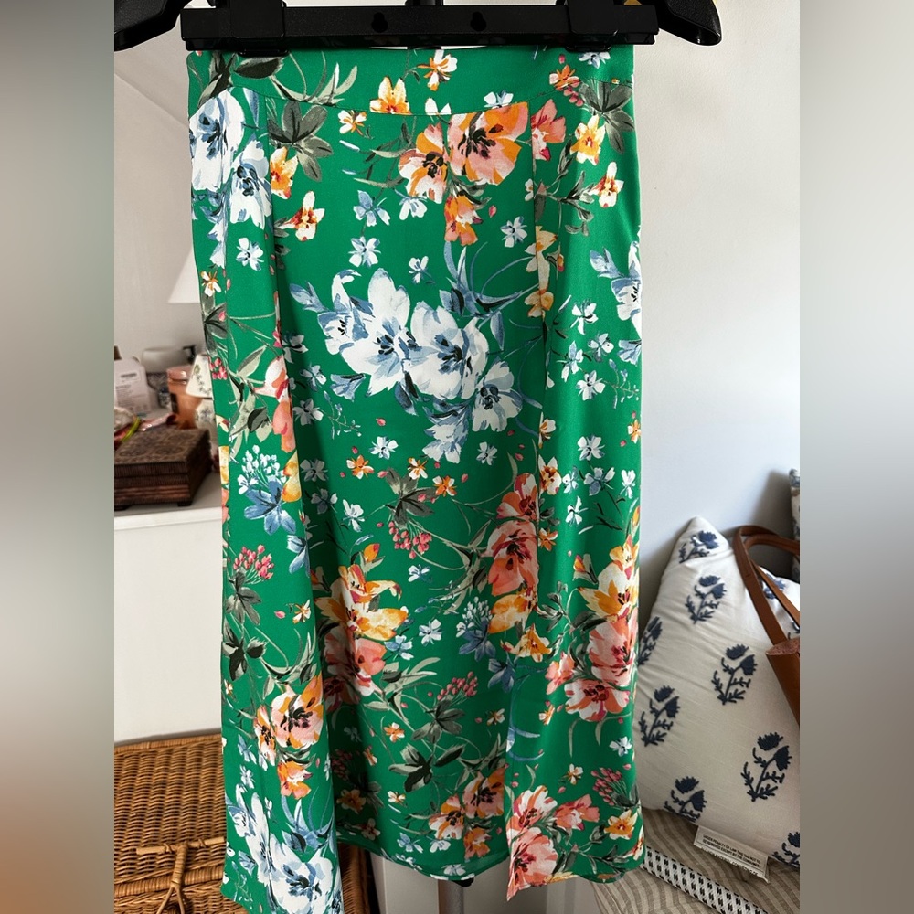 LOFT Green Floral Midi Skirt